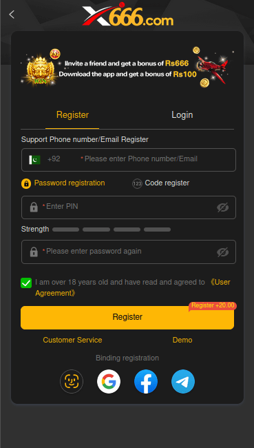 x666 game signup interface 