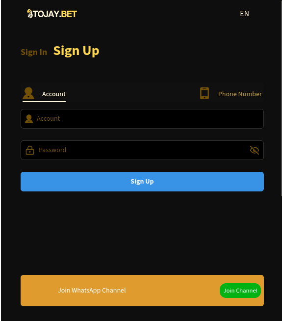 tojay bet login interface screenshot