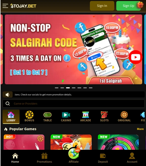 tojay bet game main interface 