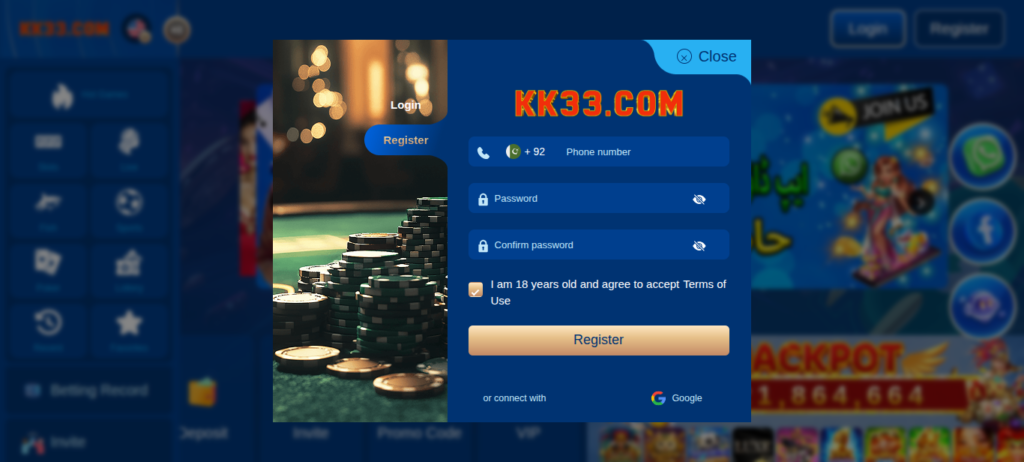 kk33 Game signup interface 