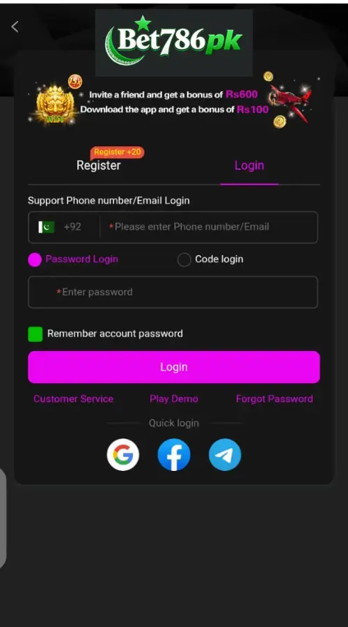 login and register on bet786 game 