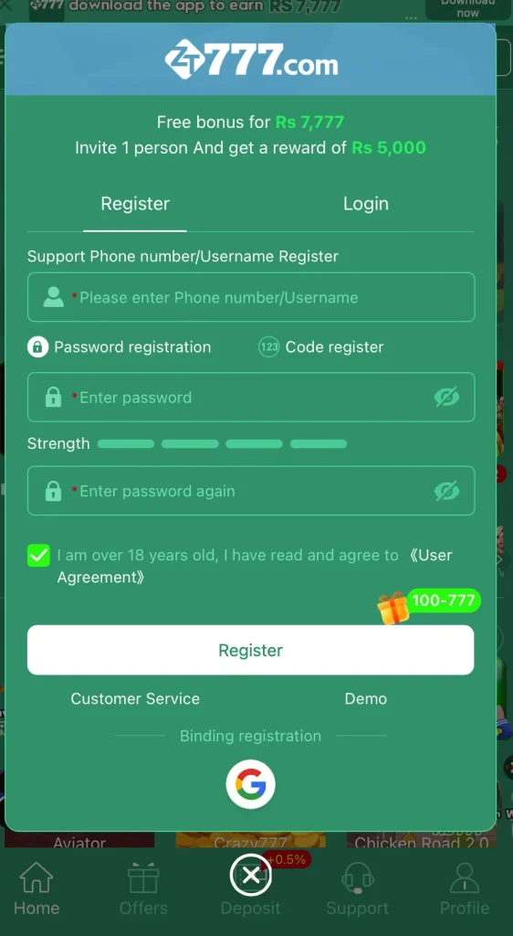 zt777 signup interface 