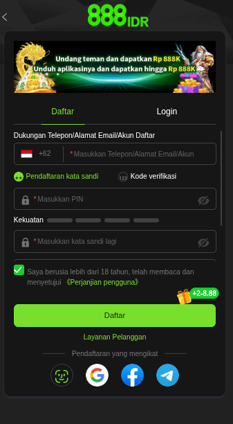 888idr game register and login interface screenshot 