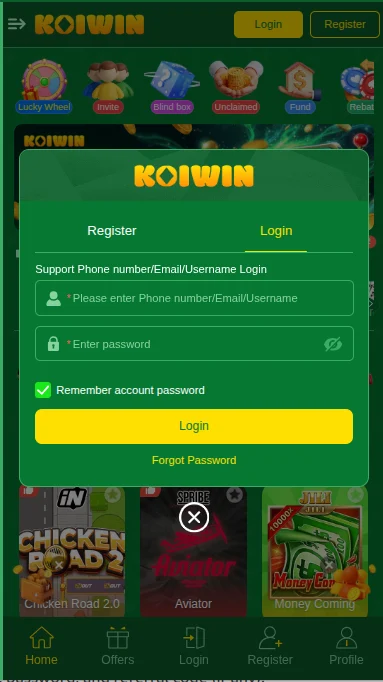 koiwin game login and signup interface 