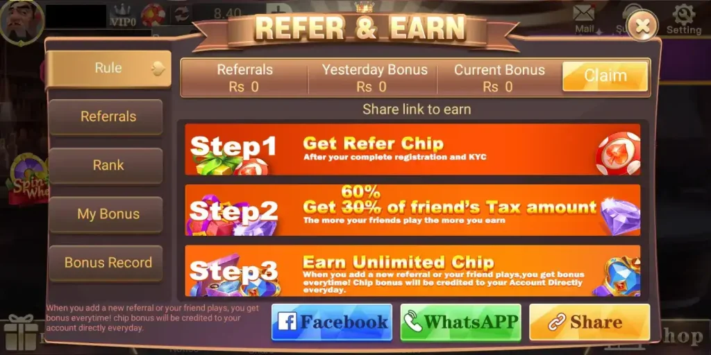 Teen Patti blue referral program screenshot 